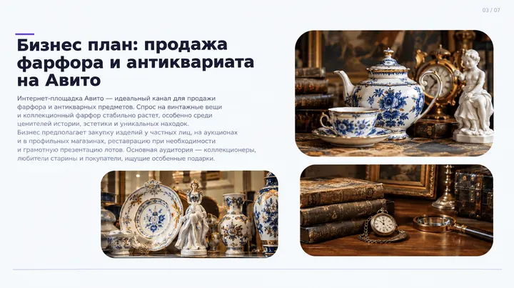 Пример слайда: Бизнес-план: фарфор и антиквариат на Авито
